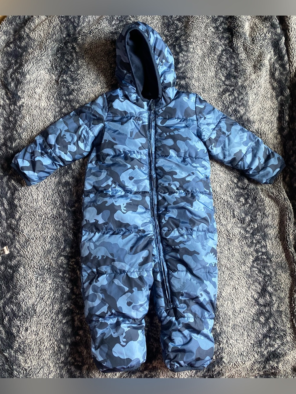 Baby Gap Boys 12-18 Months Blue Camp Dinosaur Print Hooded Snowsuit